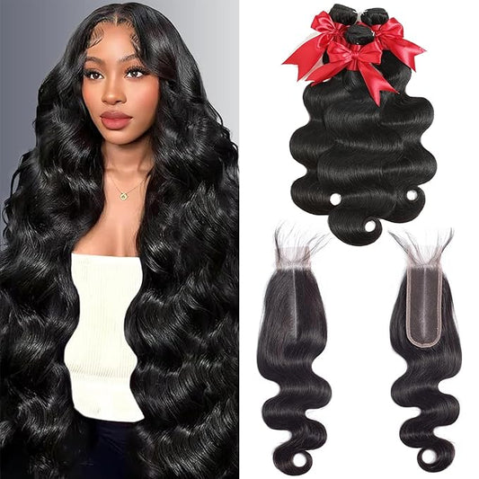 12A Body Wave Bundles with 2x6 Closure Human Hair 16 18 20+14 Inch Brazilian Virgin Body Wave Human Hair Weave 3 Bundles with 2x6 HD Lace Closure