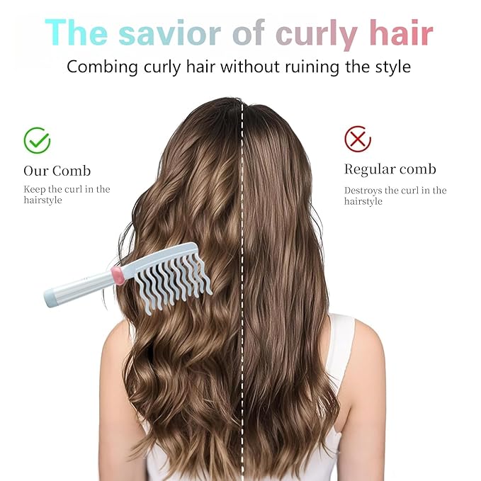 Wide Tooth Comb for Curly, Detangling Comb with Double Row Wavy Tooth and Ergonomic Handle for Long/Thick Dry/Wet Hair for Women/Girl without Straighten the Curl Hair Style (Blue)