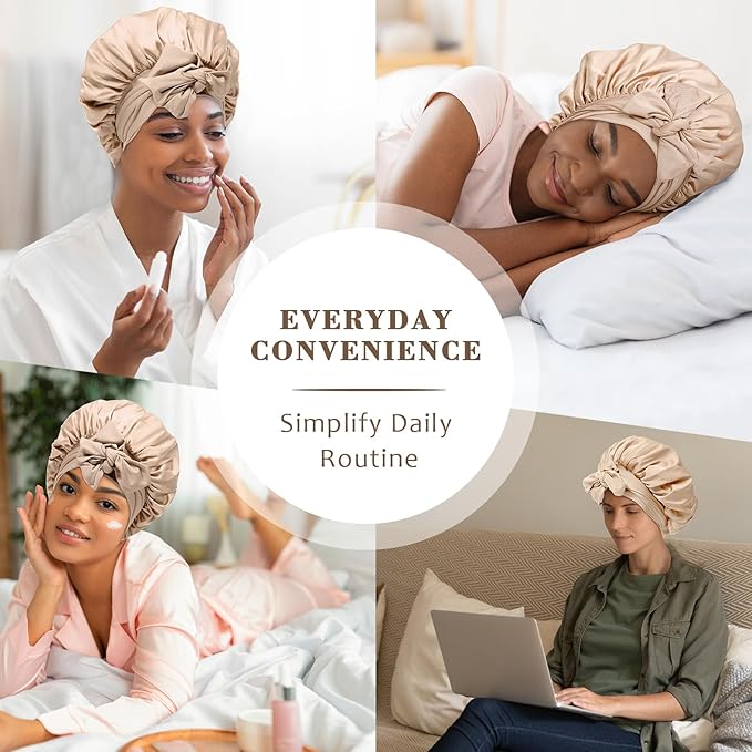 Satin Hair Bonnet with Wide Band Silk Sleeping Bonnets Hair Wrap for Women Girls Night Cap with Tie Band Satin Bonnet (Light Champagne)