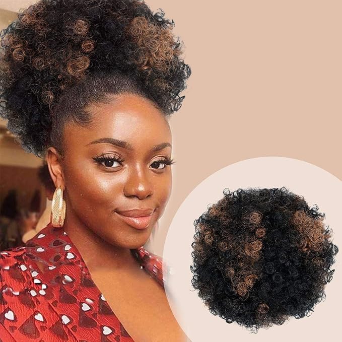 GLAM21USA Afro Puff Drawstring Ponytail Retro Kinky Curly Ponytail Wig Clip in Bun Hair Piece for Black Women Synthetic Hair Extension (SMALL, FS1B/30)
