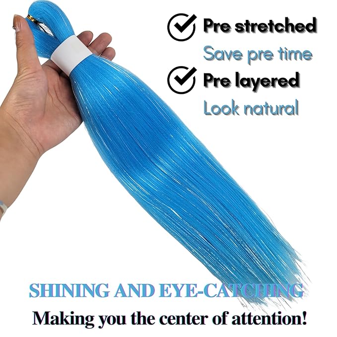 Neon Blue Tinsel Kids Braiding Hair Pre stretched Hypoallergenic Braiding Hair for Glitter Braids Festival Braids Cosplay