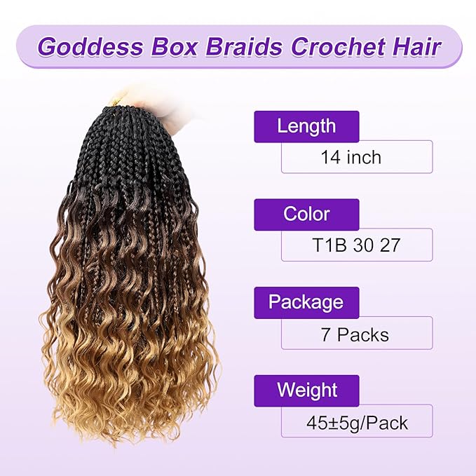 Eacia Goddess Box Braids Crochet Hair 14 Inch 7 Packs Ombre Pre Looped Crochet Hair with Curly Ends Short Boho Box Braids for Women(14 Inch, T1B/30/27#)
