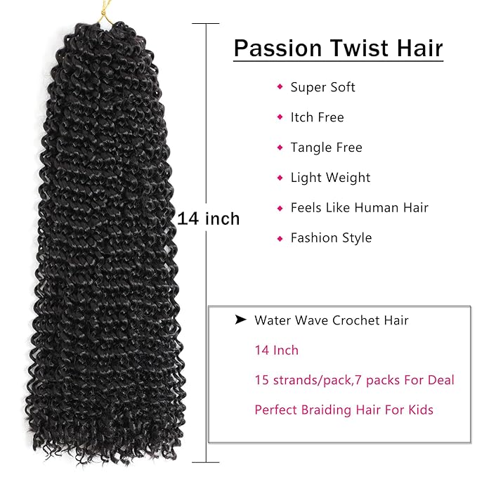 Passion Twist Hair 14 Inch 7 Packs Water Wave Crochet Hair Black Wrap Braiding Hair For Passion Twist Crochet Hair/Soft Locs/Butterfly Locs/Spring Twist Hair Crochet Braids Extension (14 Inch, 1#)