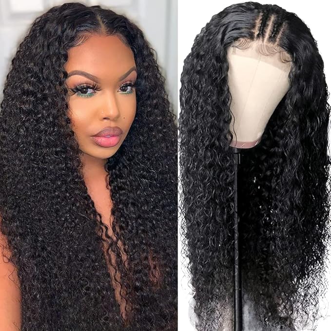 Eooma 4x4 HD Transparent Lace Front Wigs Human Hair with Baby Hair 150% Density 22 Inch Brazilian Curly Lace Closure Human Hair Wigs for Black Women Natural Black Color