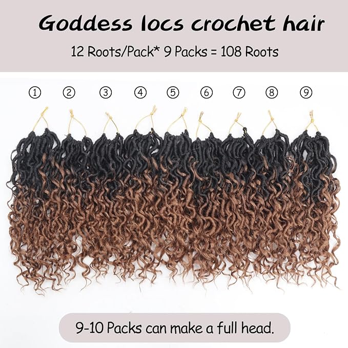 Goddess Locs Crochet Hair,8 Inch 9 Packs Faux Locs Synthetic Crochet Hair for Black Women, Boho Style Pre looped crochet with Curly Ends