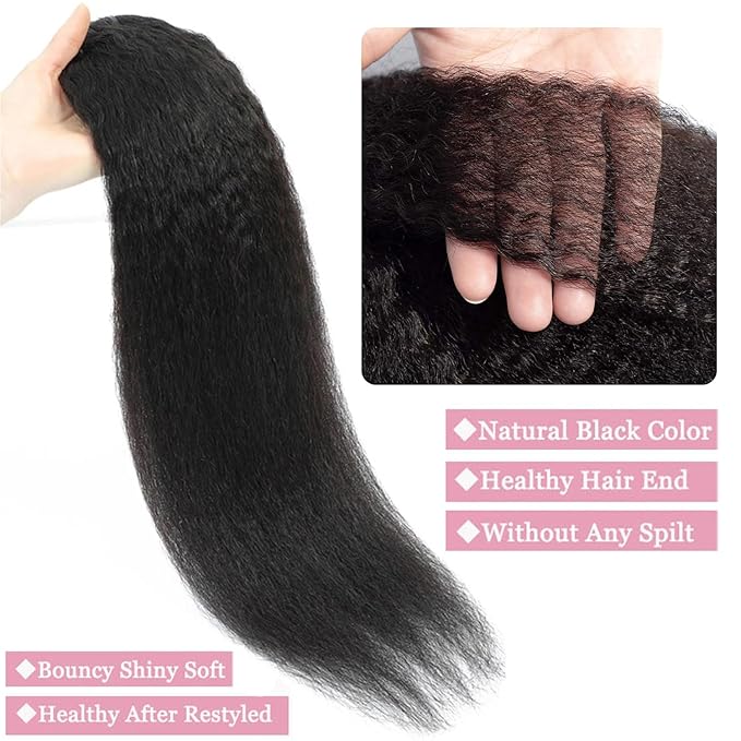 Kinky Straight Bundles Human Hair 26 Inch Yaki Straight Bundles Real Human Hair 100% Unprocessed Brazilian Deals Kinkycurly Hair Extensions Single Bundle, Style Keep Texture Silky Soft Natural Black