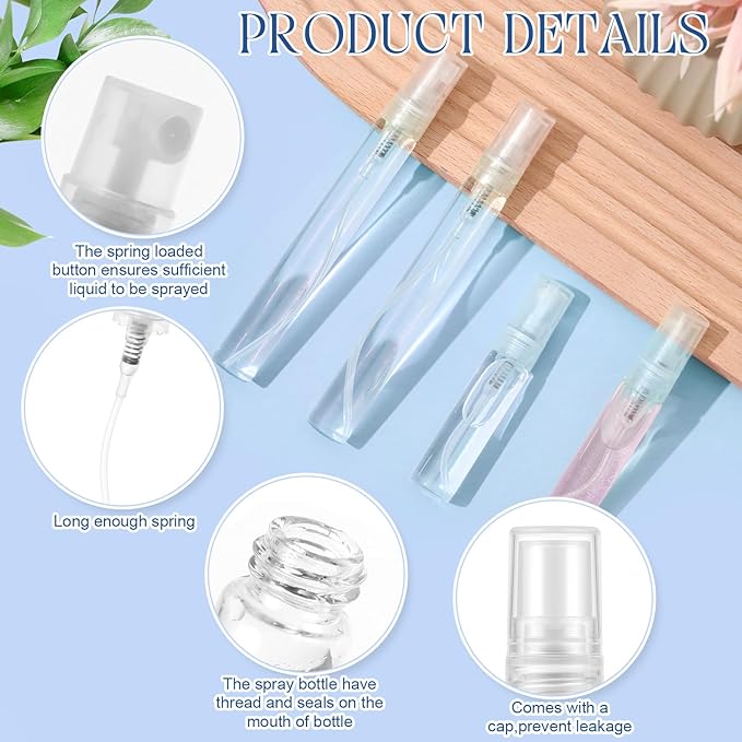 Zhehao 200 Pcs Mini Spray Bottles 5 ml, 10 ml Clear Glass Perfume Bottles Refillable Fine Mist Perfume Atomizer Portable Empty Sample Containers for Cleaning, Essential Oils, Travel (Clear Cap)