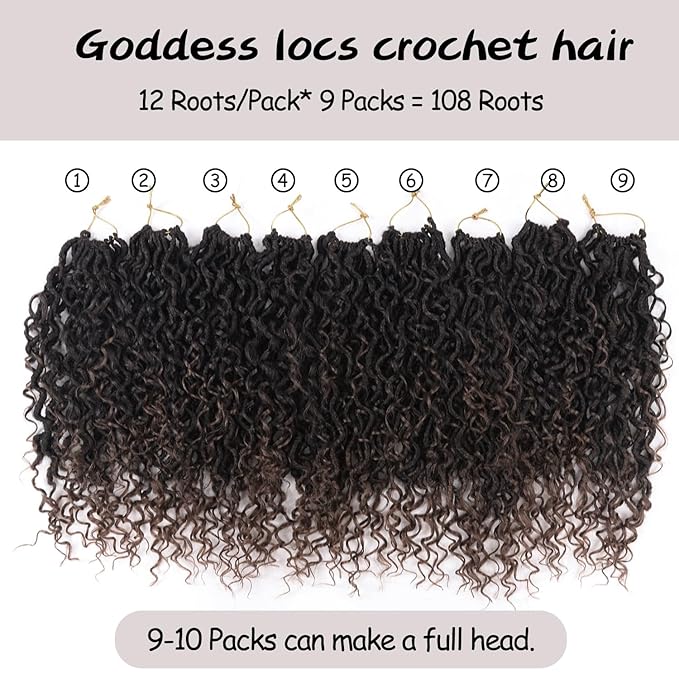Goddess Locs Crochet Hair,8 Inch 9 Packs Faux Locs Synthetic Crochet Hair for Black Women, Boho Style Pre looped crochet with Curly Ends