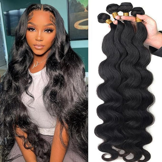 Body Wave Bundles Human Hair 4 Bundles(24 26 28 30 Inch)12A Grade Brazilian Virgin Body Wave Bundles 100% Unprocessed Human Hair Weave Bundles Sew In for Black Women Natural Color