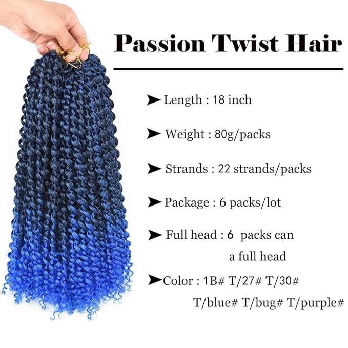 6 Packs Passion Twists Hair 18inch Ombre Blue Water Wave Crochet Hair for Butterfly Soft Locs Synthetic Crochet Hair Passion Twist Long Bohemian Locs Braiding Hair Extensions (18" 6packs Tblue#)