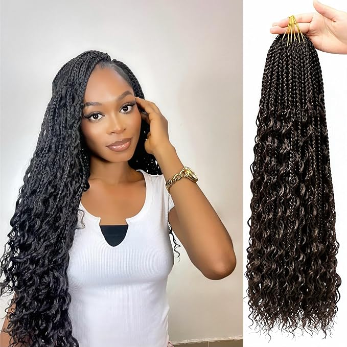 Eacia Goddess Box Braids Crochet Hair 24 Inch 7 Packs Boho Box Crochet Hair for Women Pre Looped Dark Brown Braids with Curly Ends (24 Inch, 4#)