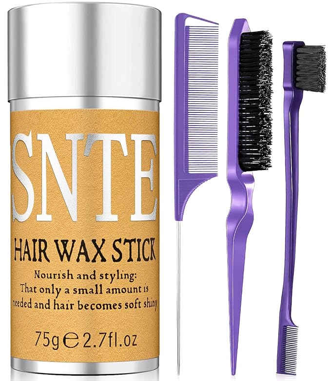 Slick Back Hair Brush (Purple), Hair Wax Stick Set, Taming Flyaways for Sleek Ponytail & Bun Styling, Hair Accessories for Teen Girls, Kids, and Women