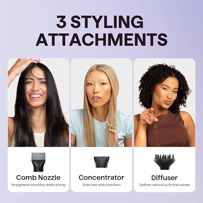 Wavytalk Hair Dryer with Diffuser, Blown Away Ionic Hair Dryer for Curly Hair with Comb, 1875W Fast Drying Blow Dryer with Ceramic Technology, 3 Attachments for All Hair Types, Light and Quiet, Black