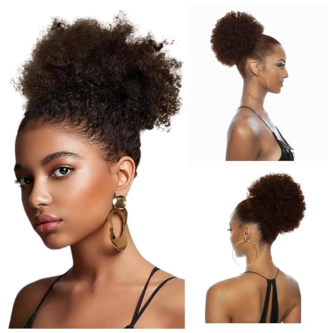Afro Puff Drawstring Ponytail Extension for Black Women Girls, Human Hair Brown 4# Afro Kids Short Wigs 6 Inch Afro Puff Ponytail, Clip On Kinky Drawstring Curly Ponytail Messy Hair Bun Hairpieces