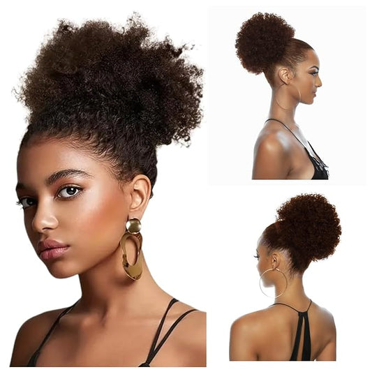 Afro Puff Drawstring Ponytail Extension for Black Women Girls, Human Hair Brown 4# Afro Kids Short Wigs 6 Inch Afro Puff Ponytail, Clip On Kinky Drawstring Curly Ponytail Messy Hair Bun Hairpieces