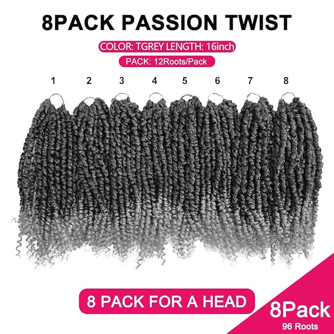 NAYOO Passion Twist Hair - 8 Packs 16 Inch Passion Twist Crochet Hair For Women, Crochet Pretwisted Curly Hair Passion Twists Synthetic Braiding Hair Extensions(16 Inch 8 Packs, TGREY)