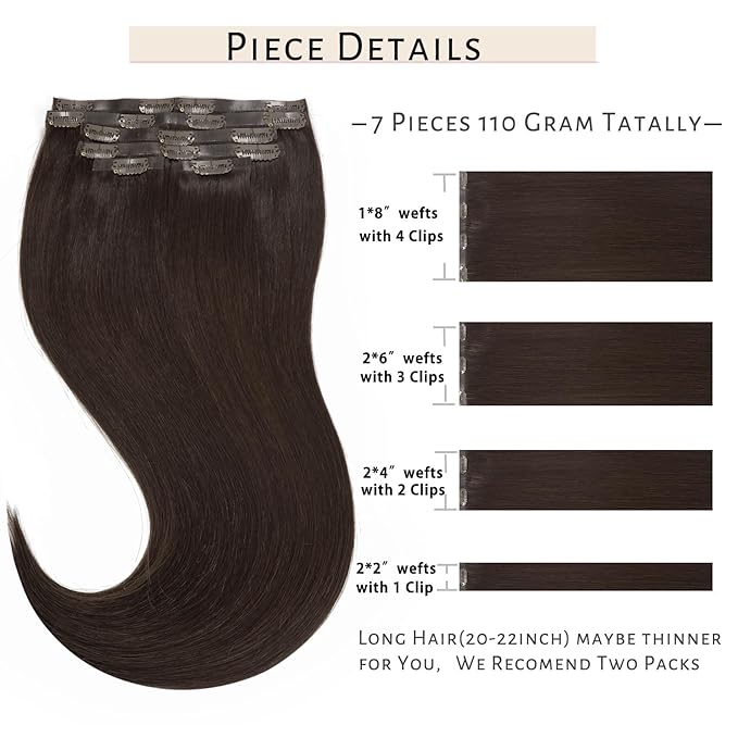 Caliee Seamless Clip in Hair Extensions Real Human Hair 22Inch 110G 7Pcs Invisible PU Weft Color 2A Light Dark Brown Clip on Hair Extensions Human Hair Natural & Thick & Straight