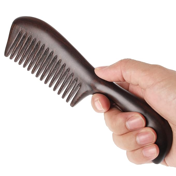 Onedor Handmade 100% Natural Black Sandalwood Hair Combs - Anti-Static Sandalwood Scent Natural Hair Detangler Wooden Comb (Round Handle Wide Tooth)