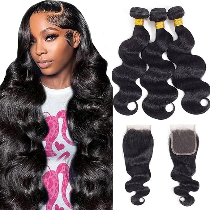 12A Body Wave Bundles with Closure Human Hair (24 26 28+22") 100% Unprocessed Brazilian Virgin Human Hair Bundles with 4x4 Lace Closure Free Part Natural Color