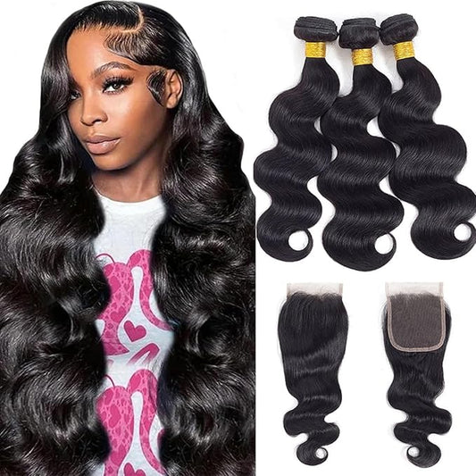 12A Body Wave Bundles with Closure Human Hair (24 26 28+22") 100% Unprocessed Brazilian Virgin Human Hair Bundles with 4x4 Lace Closure Free Part Natural Color