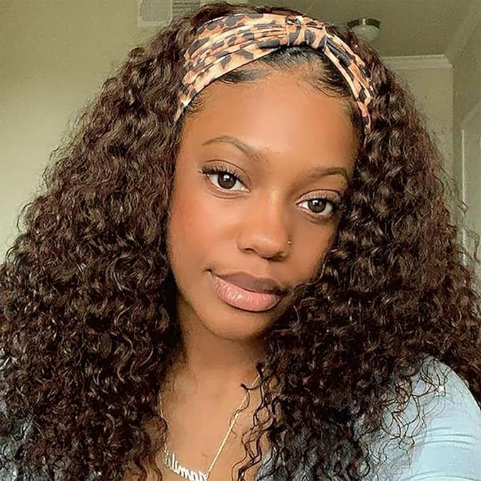 Aiterina Headband Wig Human Hair Headband Wig Deep Wave Human Hair Wigs for Black Women Glueless Human Hair Wigs Machine Made 150% Density No Lace Deep Headband Wig Chocolate Brown 26 inch