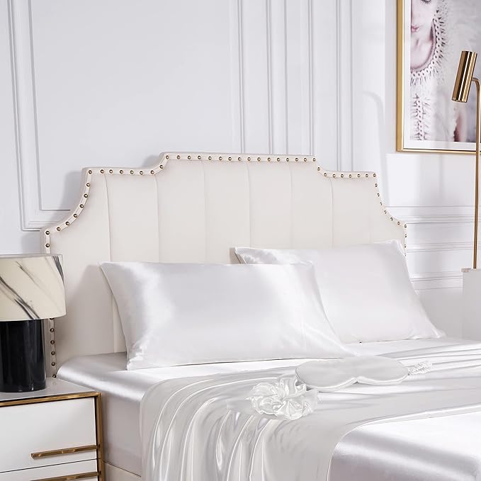 Satin Pillowcase for Hair and Skin, Vegan Silk Pillowcase Set-2 Ivory Satin Pillowcases Standard Size, 1 Eye Mask, 1 Scrunchie-Luxury Sleep Set, White Pillow Cases with Envelope Closure