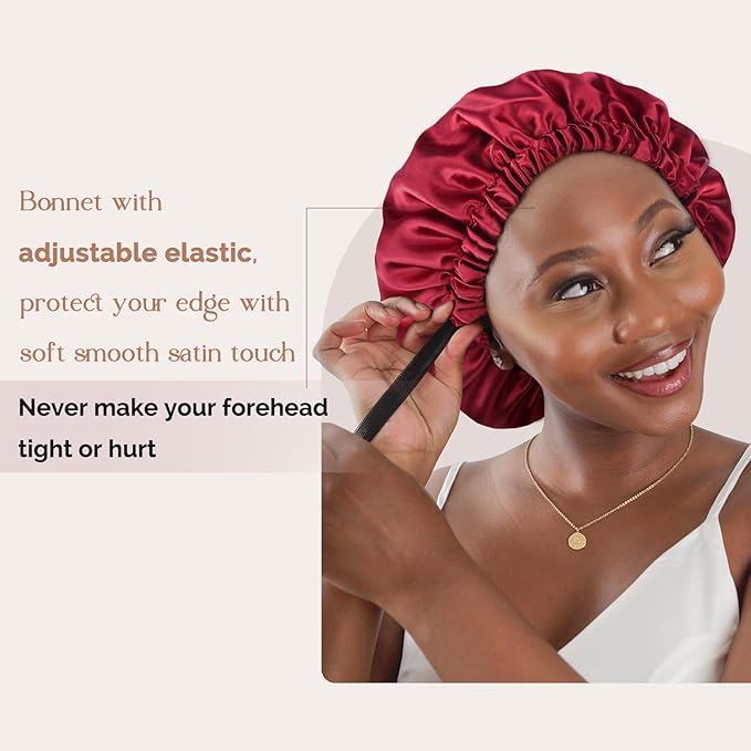 YANIBEST Adjustable Satin Bonnet Double Layer Hair Bonnet for Sleeping Bonnets for Women Hats Curly Natural Hair, Burgundy