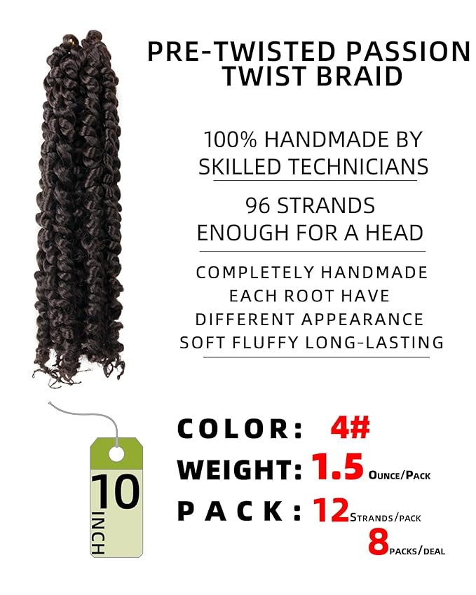 10 Inches 8 Packs Pre Looped Pretwisted Passion Twist Crochet Hair for Black Women and Kids-Light Brown,Soft Hair Extensions Braided by Synthetic Spring Kinky Twist Bohemian Curls(10"-8 Packs,4#)