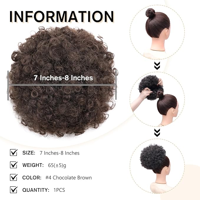 AISI QUEENS Afro Puff Drawstring Ponytail Synthetic Short Afro Kinkys Curly Afro Bun Extension Medium Brown Hair Extensions for Women Girls (4#)