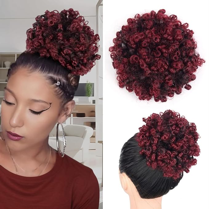 Afro Puff Ponytail for Black Women Culy Wavy Short Drawstring Ponytail Hair Extension Synthetic Mini Afro Bun(1B-Bug#)