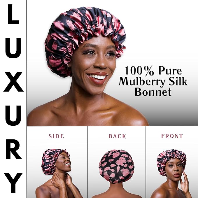 100% Mulberry Silk Bonnet for Women – Handmade in USA, 19 Momme Double-Layer Reversible Hair Wrap, Non-Slip Sleep Cap for Curly & Natural Hair, Luxury Hair Protection (Vintage Pink)
