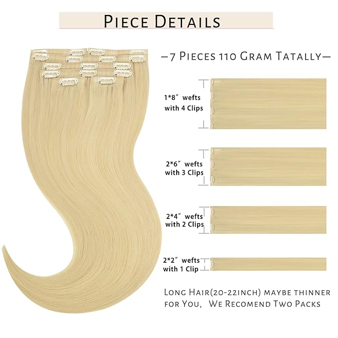Caliee 22Inch Hair Extensions Clip in Human Hair Seamless Hair Extensions Invisible PU Weft Long Thick Hair 110G 7Pcs 60 Bleach Blonde Hair Extensions Real Human Hair for Thin Hair