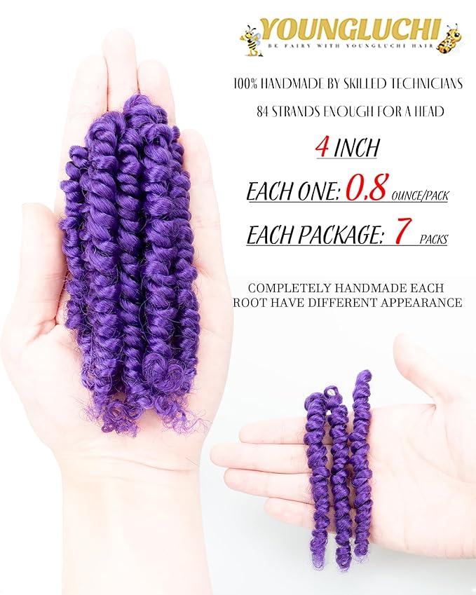 4 Inch 7 Packs Super Short Passion Twist Crochet Hair for Black Women and Kids-Purple Pre Looped Pretwisted Soft Hair Extensions,Braided by Synthetic Spring Kinky Twist Bohemian Curl(4"-7P,Purple)