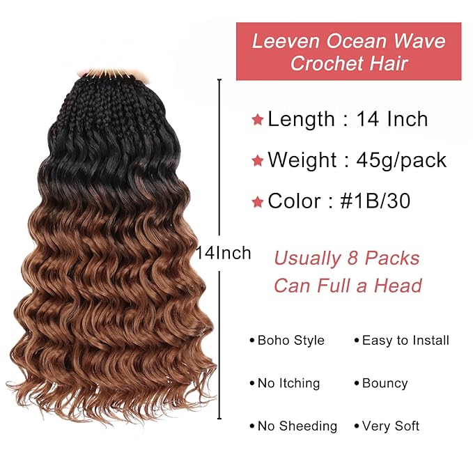Leeven 14 Inch 8 Packs Curly Crochet Hair Pre Looped Boho Ocean Wave Crochet Hair Black to Brown 2 Tone Short Ocean Braids Pre Twisted Synthetic Deep Wavy Crochet Hair for Women