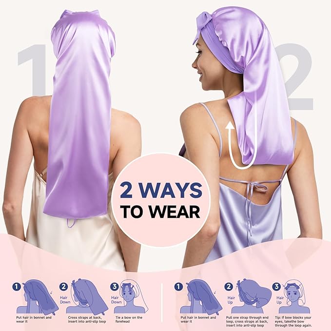 Umisleep Silk Bonnet for Sleeping Women, 22 Momme Mulberry Real Silk, Long Hair Bonnet for Braids & Curls to Reduce Frizz, Double Layer Hair Wrap with Soft Adjustable Tie Band, Purple