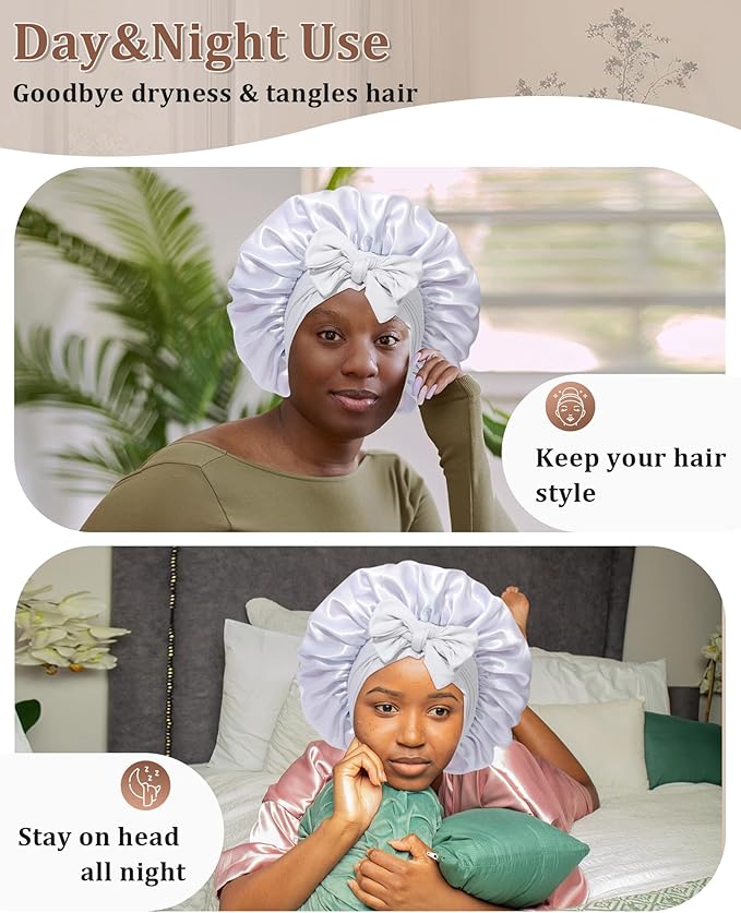 Reversible Satin Bonnet for Sleeping Women Double Layer Hair Bonnet with 2PCS Hair Scrunchies Elastic Tie Band Night Cap