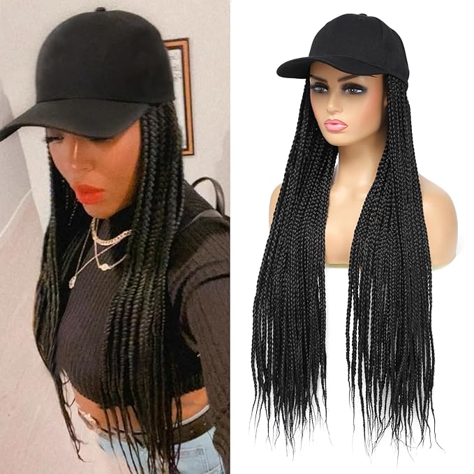 Hat Wig for Women Baseball Cap with Braided Hair Attached Synthetic Black Box Braid Wig Hat Adjustable Cap with Braids for Daily Outdoor Use (B-Black)