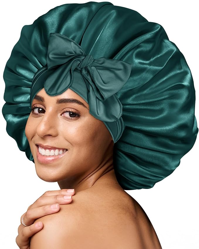 BONNET QUEEN Silk Bonnet for Sleeping Women Big Satin Bonnet Night Sleep Cap Wrap for Curly Hair with Adjustable Tie Band, Single Layer, Large, Darkish Green