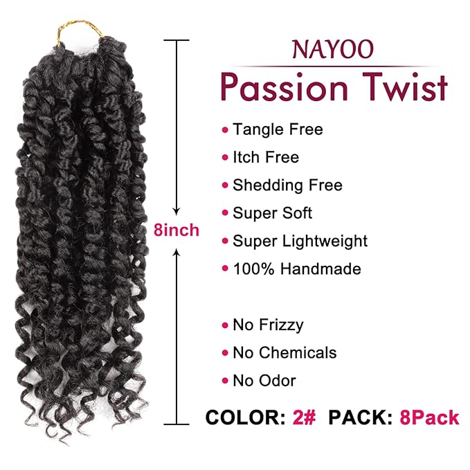 Passion Twist Hair - 8 Packs 8 Inch Passion Twist Crochet Hair For Women, Crochet Pretwisted Curly Hair Passion Twists Synthetic Braiding Hair Extensions(8 Inch 8 Packs, #2)