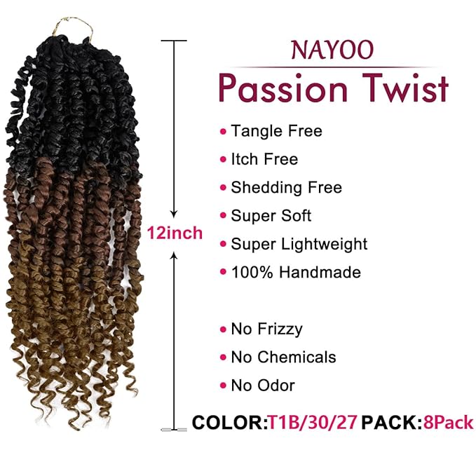NAYOO Passion Twist Hair - 8 Packs 12 Inch Passion Twist Crochet Hair For Women, Crochet Pretwisted Curly Hair Passion Twists Synthetic Braiding Hair Extensions(12 Inch 8 Packs, T1B/30/27)