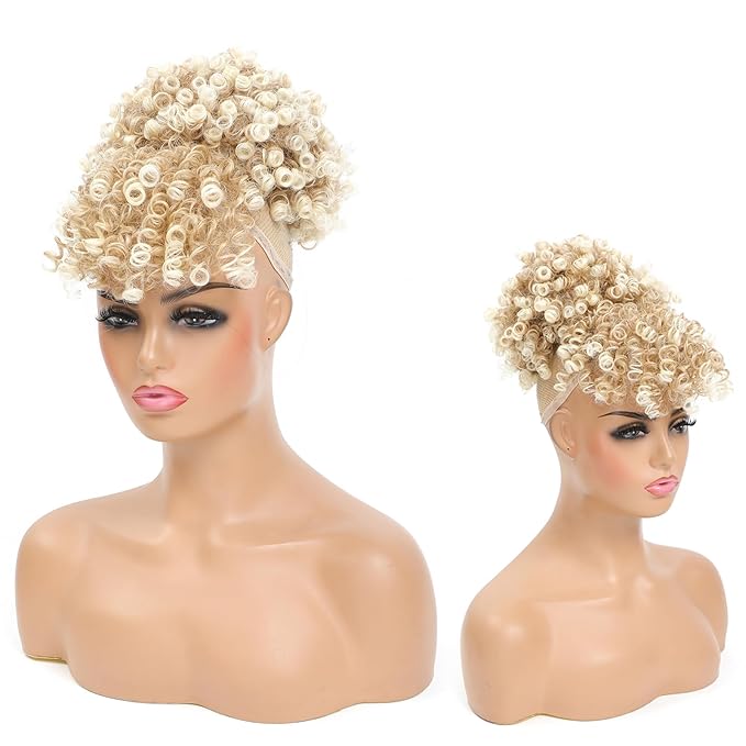 ENTRANCED STYLES Drawstring Ponytail with Bangs Afro Puff Ponytail Extensions for Women Short Curly Puff Ponytail with Bangs Clip in Wrap Updo Hairpiece for Women (T27/613)