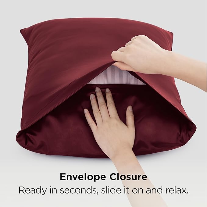 Bedsure Satin Pillowcases, Similar to Silk Pillow Cases Queen Size Set of 2, Burgundy Red Pillow Covers Case with Envelope Closure, Burgundy Home Decor Gifts for Women Men, 20x30 Inches, 2pcs