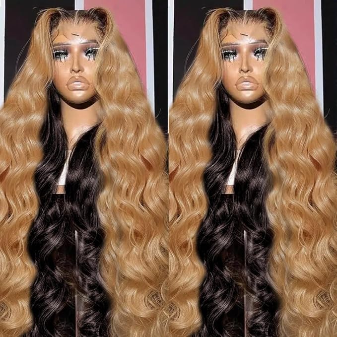 MEGOOD 250 Density 13x6 Honey Blonde Wig Human Hair 4/27 Colored Wigs 13x6 Body Wave Lace Front Wigs Human wigs Pre Plucked For Women HD Transparent Ombre Lace Front Wig Human Hair 32 Inch