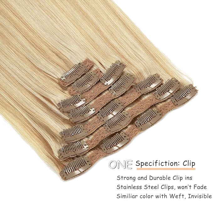 Caliee 14Inch Clip in Hair Extensions Human Hair for Women Double Weft Lace Highlight P12-60A Light Golden Brown Mixed Platinum Blonde Real Hair Clip in Hair Extensions 7PCS 120G