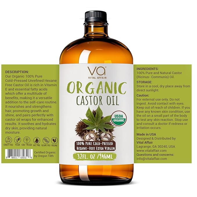 VITAL AFFAIR Pure Organic Castor Oil 32oz – Cold Pressed, Unrefined, USDA Organic – Glass Bottle for Hair Growth, Eyelashes, Eyebrows, Face & Castor Oil Packs