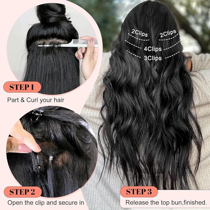 ALXNAN Clip in Long Wavy Synthetic Hair Extension 16 Inch Black 4PCS Thick Hairpieces Fiber Double Weft Hair for Women