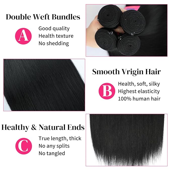18 20 22 24 Inch 4 Bundles Human Hair Straight 12A 100% Unprocessed Brazilian Virgin Human Hair Bundlles Straight Natural Black, True to Length, Full to Weight
