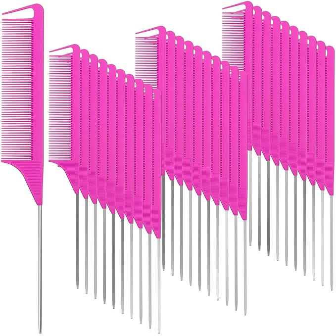 Patelai 30 Pieces Rat Tail Combs Bulk, Hair Teasing Fine Tooth Pintail Combs Braiding Hair Styling Tools with Steel Pin for Stylists Salon Teasing Sectioning Coloring Detangling(Rose Red)