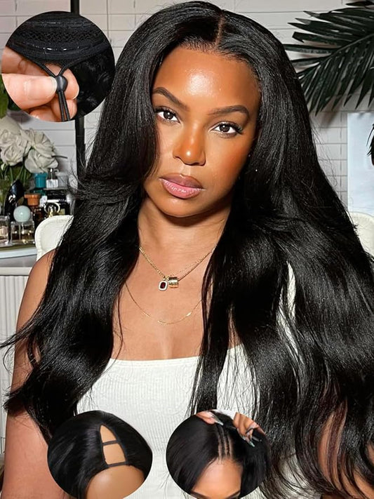 Julia Hair V Part Wig Human Hair Yaki Straight Glueless Wigs for Women 12A Briazilian Remy Hair Upgrade U Part Wig No Glue No Leave Out Beginner Friendly Natural Color 26 Inch Yaki Wig