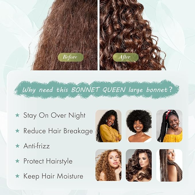 BONNET QUEEN Silk Bonnet for Sleeping Women Big Satin Bonnet Night Sleep Cap Wrap for Curly Hair with Adjustable Tie Band, Single Layer, Large, Darkish Green